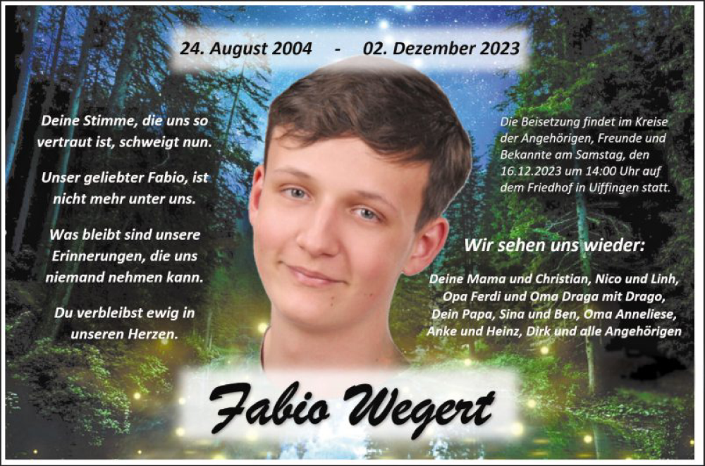  Traueranzeige für Fabio Wegert vom 14.12.2023 aus Fränkische Nachrichten