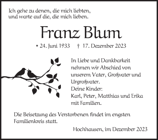 Traueranzeige von Franz Blum von Fränkische Nachrichten