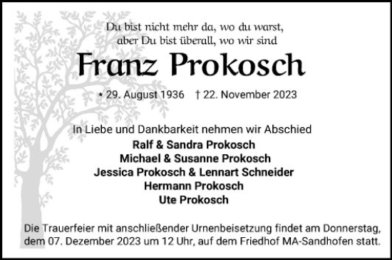 Traueranzeige von Franz Prokosch von Mannheimer Morgen