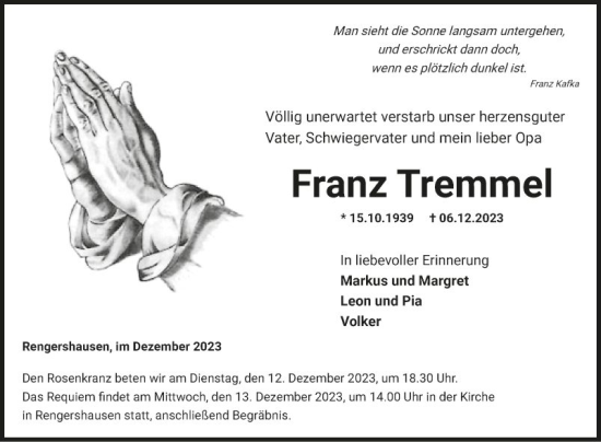 Traueranzeige von Franz Tremmel von Fränkische Nachrichten