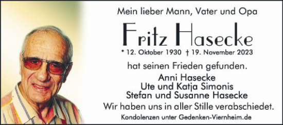 Traueranzeige von Fritz Hasecke von Mannheimer Morgen