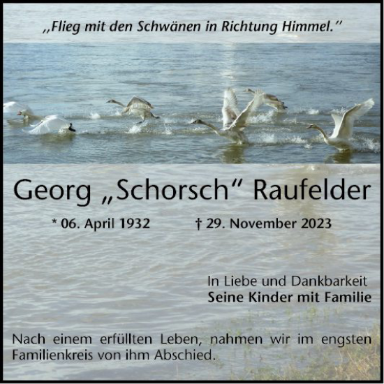 Traueranzeige von Georg  Raufelder von Mannheimer Morgen