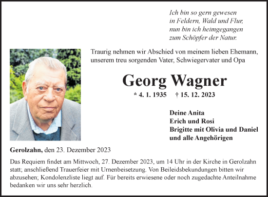 Traueranzeige von Georg Wagner von Fränkische Nachrichten
