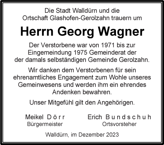 Traueranzeige von Georg Wagner von Fränkische Nachrichten