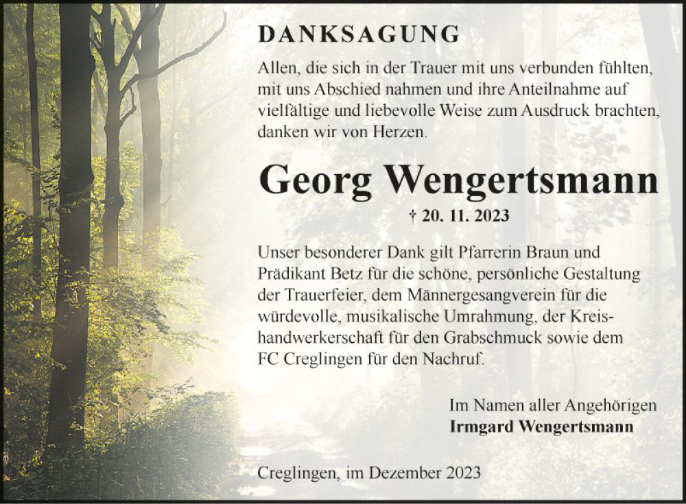  Traueranzeige für Georg Wengertsmann vom 15.12.2023 aus Fränkische Nachrichten