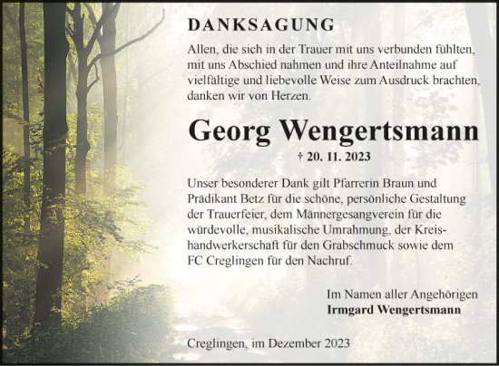 Traueranzeige von Georg Wengertsmann von Fränkische Nachrichten