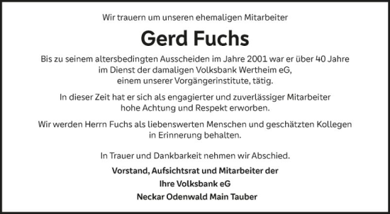 Traueranzeige von Gerd Fuchs von Fränkische Nachrichten