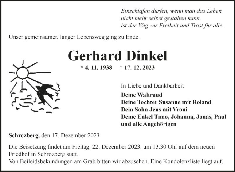  Traueranzeige für Gerhard Dinkel vom 20.12.2023 aus Fränkische Nachrichten