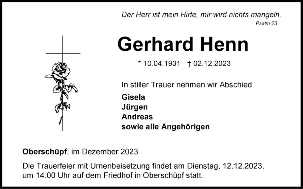  Traueranzeige für Gerhard Henn vom 09.12.2023 aus Fränkische Nachrichten