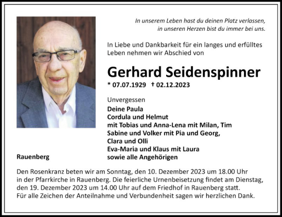 Traueranzeige von Gerhard Seidenspinner von Fränkische Nachrichten