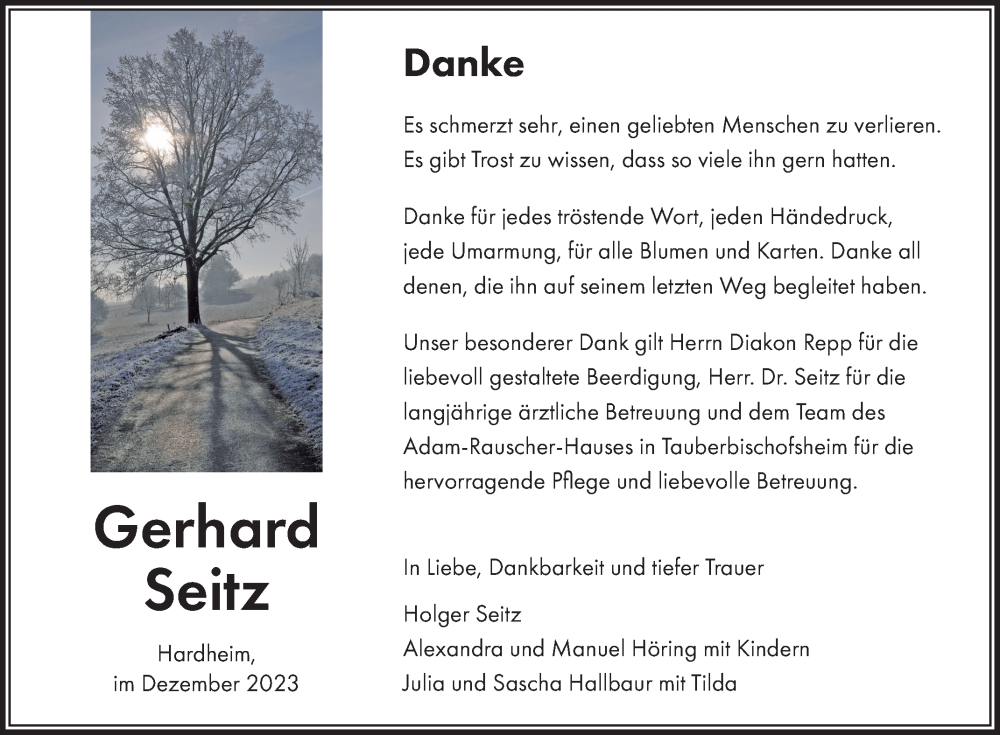  Traueranzeige für Gerhard Seitz vom 23.12.2023 aus Fränkische Nachrichten