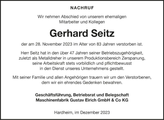 Traueranzeige von Gerhard Seitz von Fränkische Nachrichten