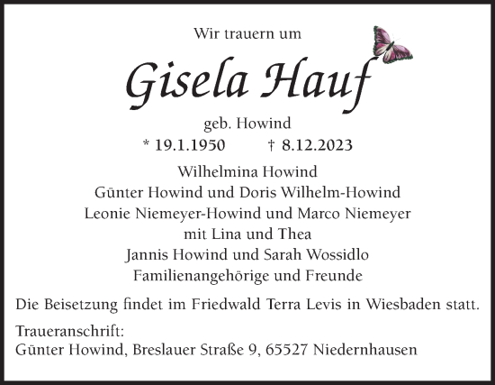 Traueranzeige von Gisela Hauf von Schwetzinger Zeitung