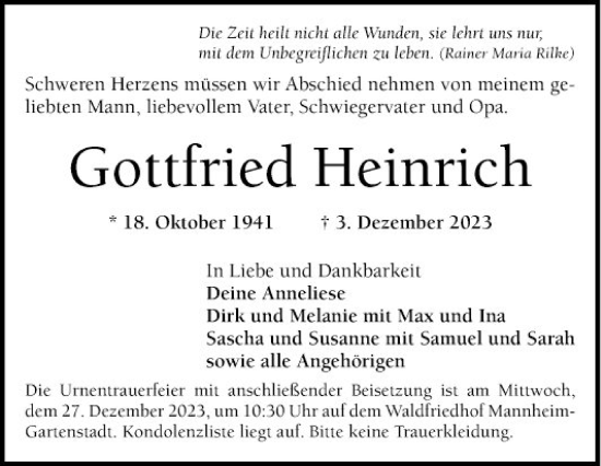 Traueranzeige von Gottfried Heinrich von Mannheimer Morgen