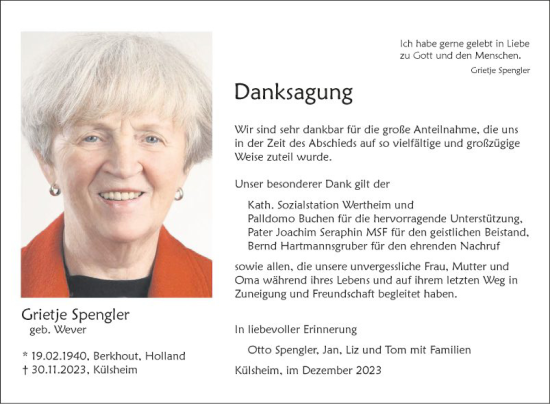 Traueranzeige von Grietje Spengler von Fränkische Nachrichten