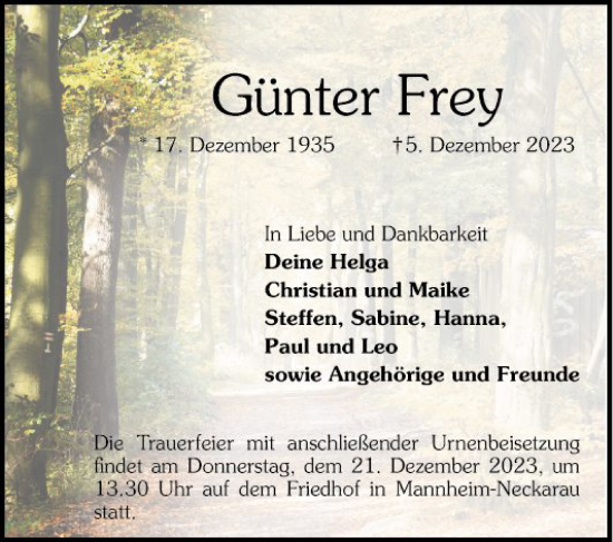 Traueranzeige von Günter Frey von Mannheimer Morgen