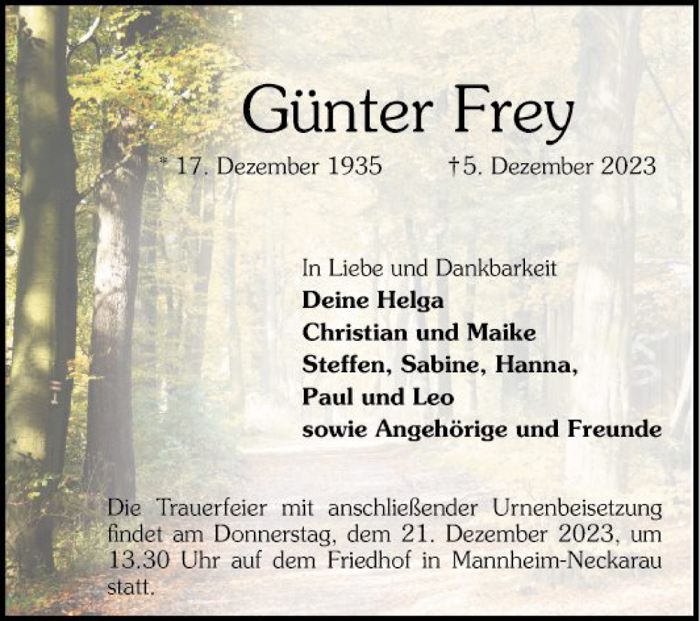  Traueranzeige für Günter Frey vom 16.12.2023 aus Mannheimer Morgen