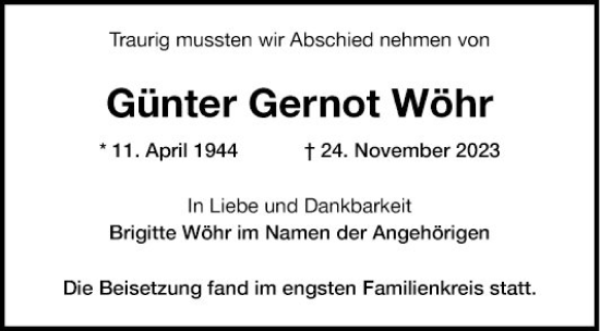 Traueranzeige von Günter Gernot Wöhr von Mannheimer Morgen