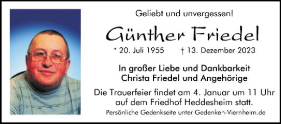 Traueranzeige von Günther Friedel von Mannheimer Morgen