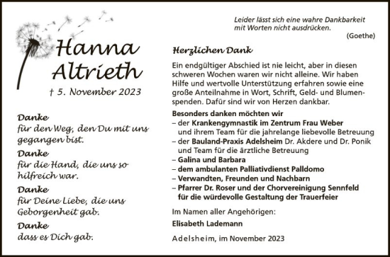 Traueranzeige von Hanna Altrieth von Fränkische Nachrichten