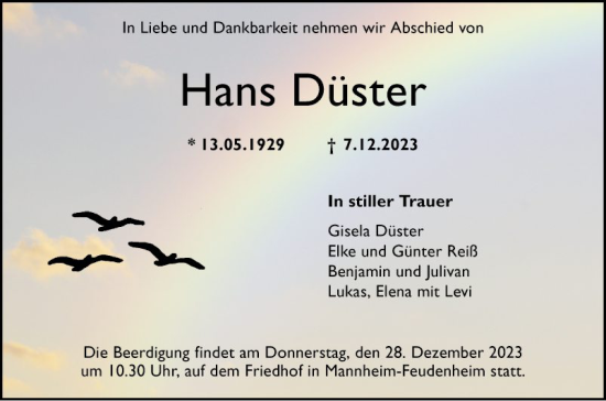 Traueranzeige von Hans Düster von Mannheimer Morgen