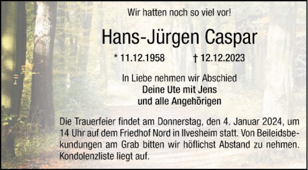  Traueranzeige für Hans-Jürgen Caspar vom 30.12.2023 aus Mannheimer Morgen