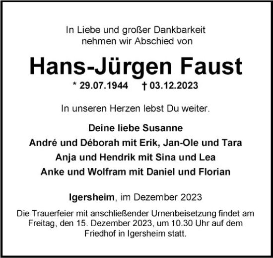 Traueranzeige von Hans-Jürgen Faust von Fränkische Nachrichten