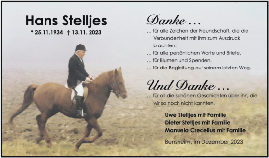 Traueranzeige von Hans Stelljes von Bergsträßer Anzeiger