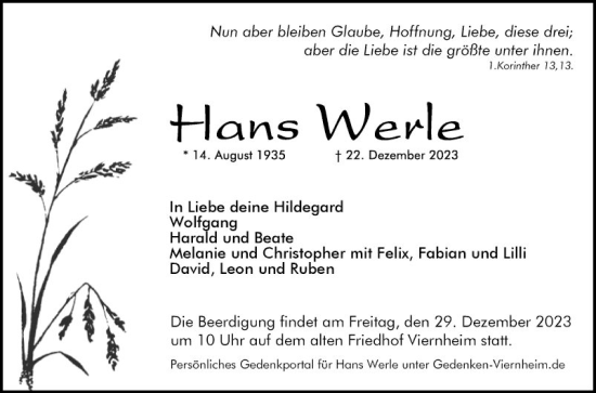 Traueranzeige von Hans Werle von Mannheimer Morgen