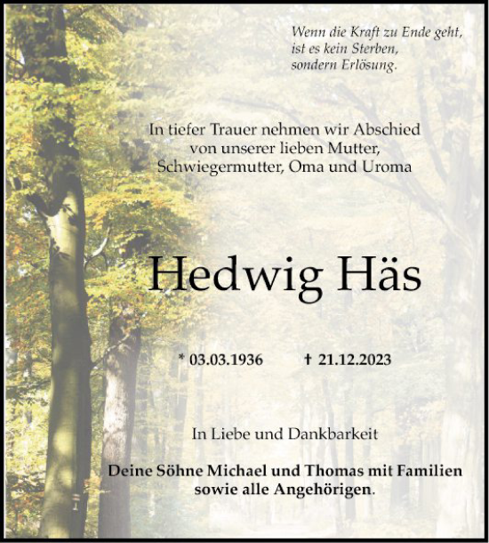 Traueranzeige von Hedwig Häs von Mannheimer Morgen