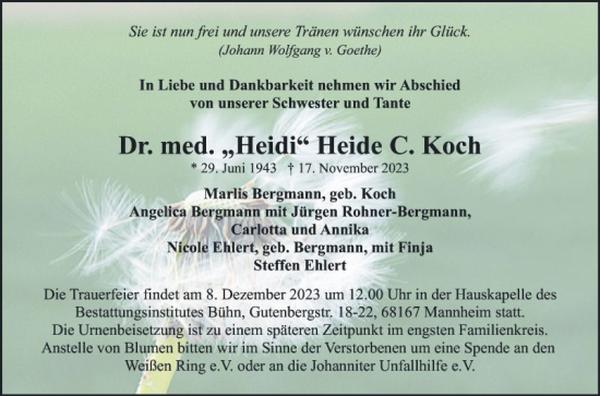 Traueranzeige von Heide C. Koch von Mannheimer Morgen
