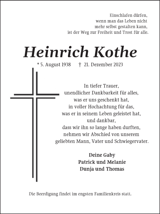 Traueranzeige von Heinrich Kothe von Schwetzinger Zeitung