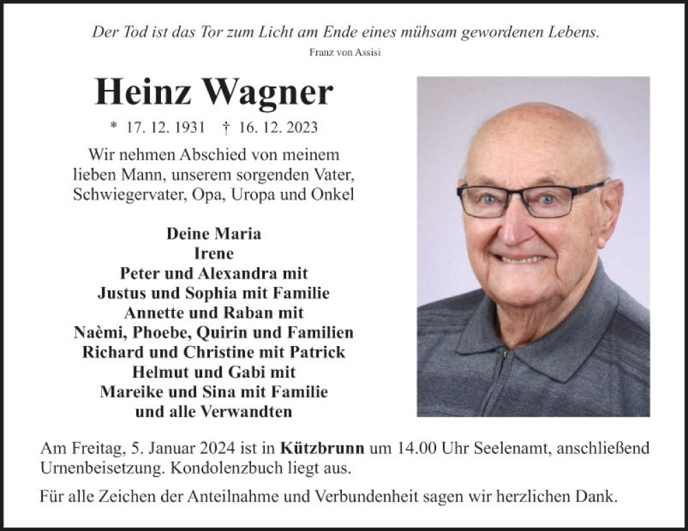  Traueranzeige für Heinz Wagner vom 30.12.2023 aus Fränkische Nachrichten