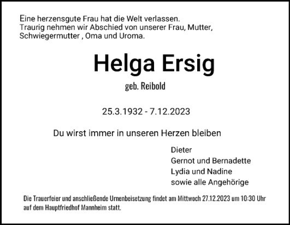  Traueranzeige für Helga Ersig vom 16.12.2023 aus Mannheimer Morgen