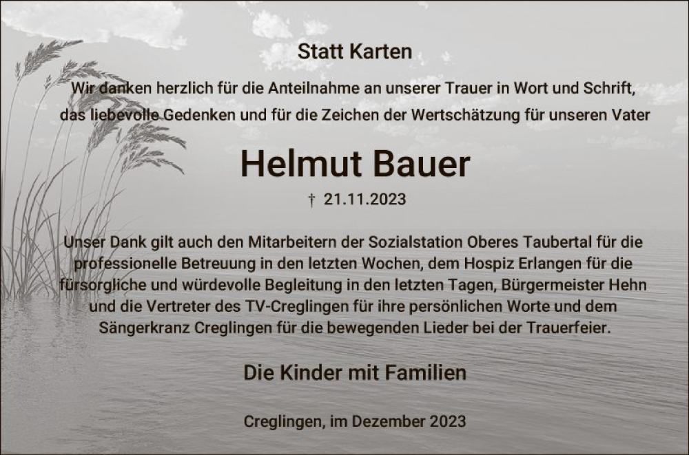  Traueranzeige für Helmut Bauer vom 16.12.2023 aus Fränkische Nachrichten