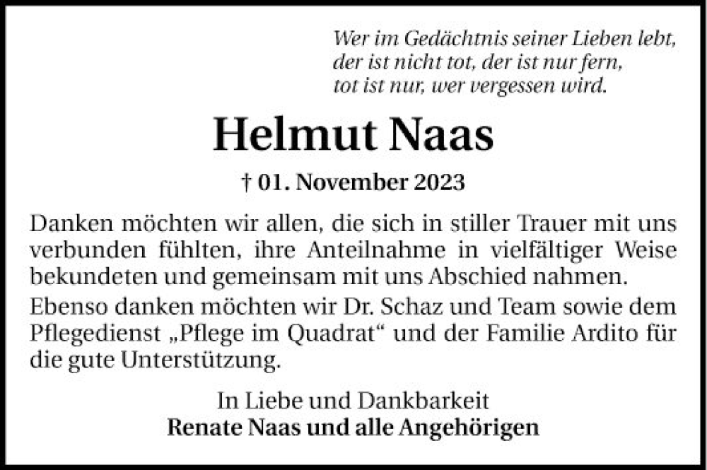  Traueranzeige für Helmut Naas vom 02.12.2023 aus Mannheimer Morgen