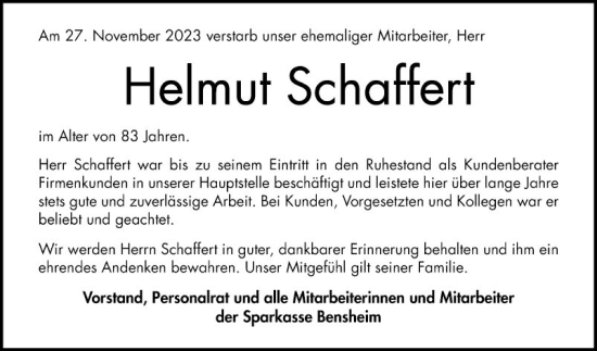 Traueranzeige von Helmut Schaffert von Bergsträßer Anzeiger