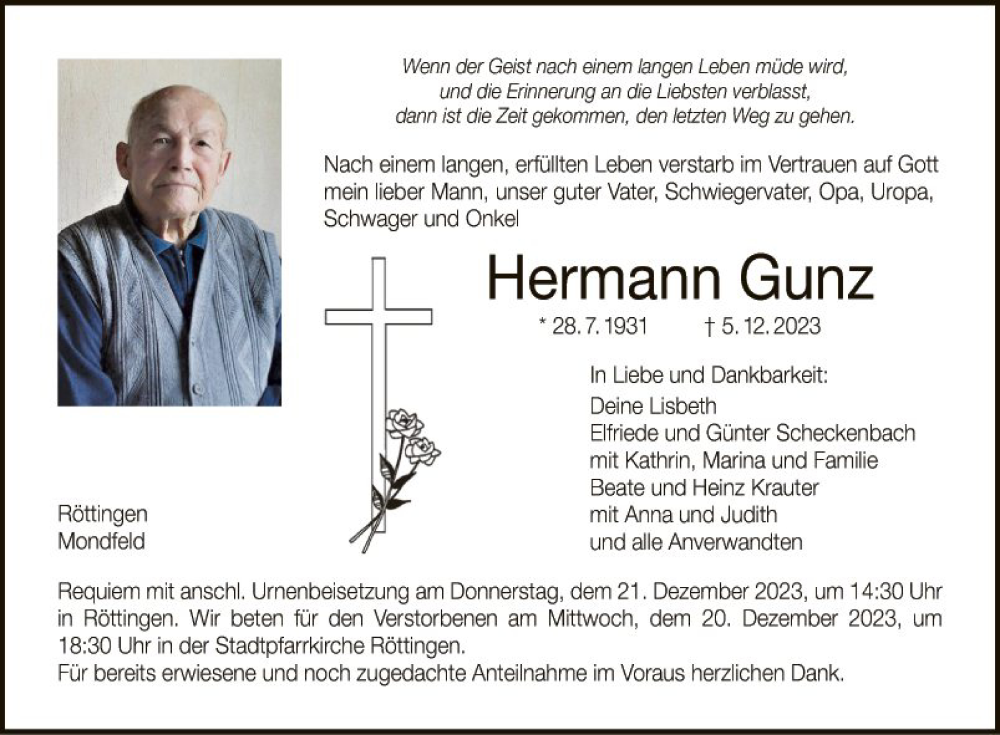  Traueranzeige für Hermann Gunz vom 18.12.2023 aus Fränkische Nachrichten