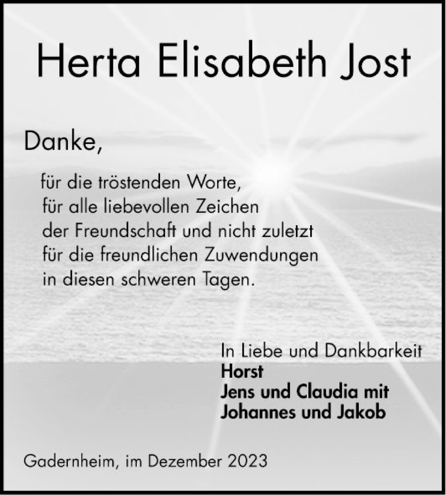  Traueranzeige für Herta Elisabeth Jost vom 09.12.2023 aus Bergsträßer Anzeiger