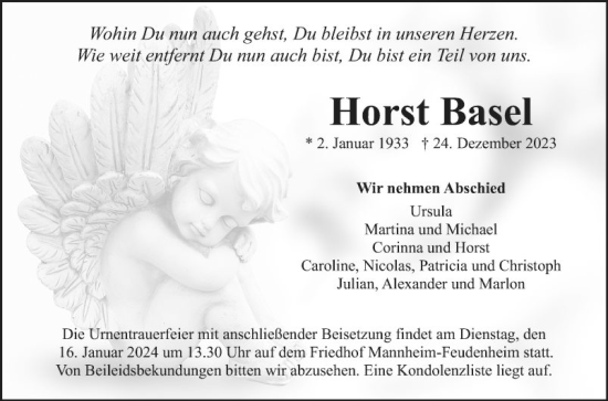 Traueranzeige von Horst Basel von Mannheimer Morgen