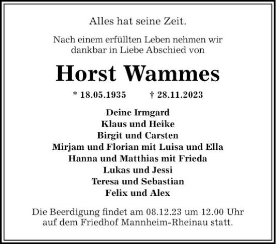 Traueranzeige von Horst Wammen von Mannheimer Morgen