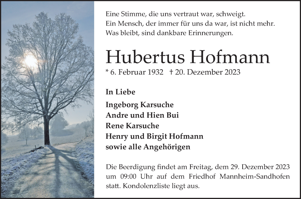  Traueranzeige für Hubemus Hofmann vom 23.12.2023 aus Mannheimer Morgen