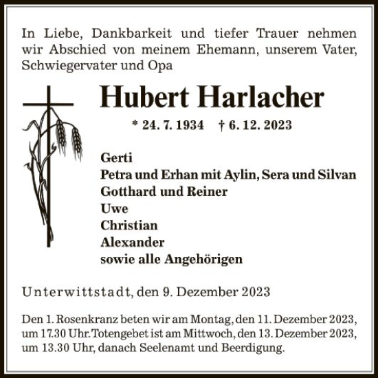 Traueranzeige von Hubert Harlacher von Fränkische Nachrichten
