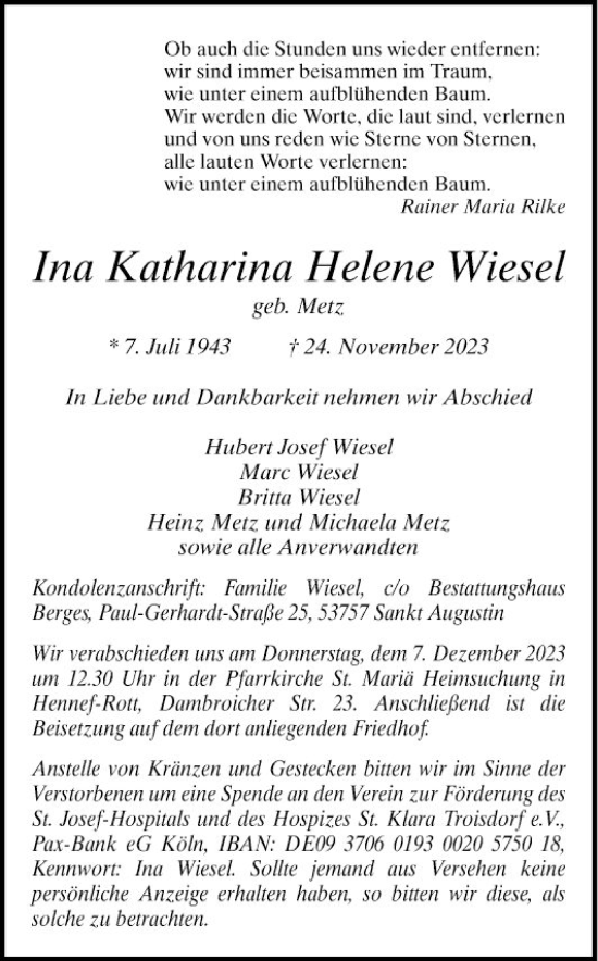 Traueranzeige von Ina Katharina Helene Wiesel von Bergsträßer Anzeiger