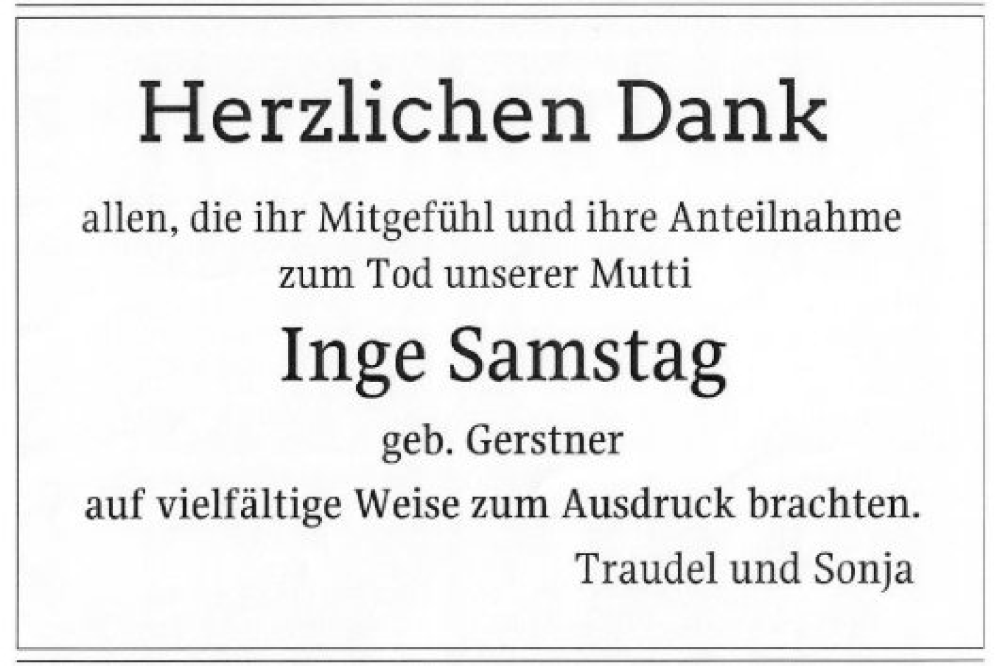  Traueranzeige für Inge Samstag vom 30.12.2023 aus Mannheimer Morgen