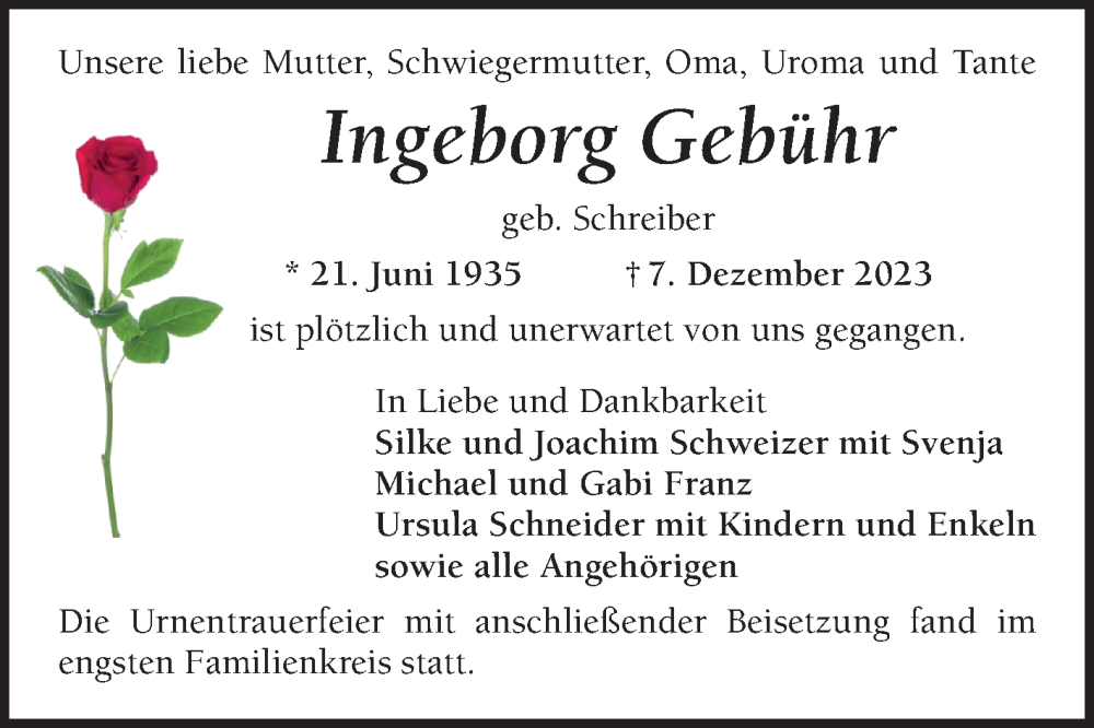 Traueranzeige für Ingeborg Gebühr vom 23.12.2023 aus Mannheimer Morgen