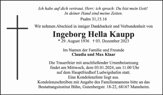 Traueranzeige von Ingeborg Hella Kaupp von Mannheimer Morgen