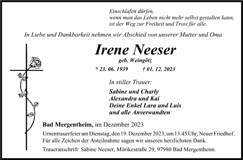  Traueranzeige für Irene Neeser vom 09.12.2023 aus Fränkische Nachrichten