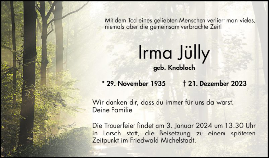 Traueranzeige von Irma Jülly von Bergsträßer Anzeiger