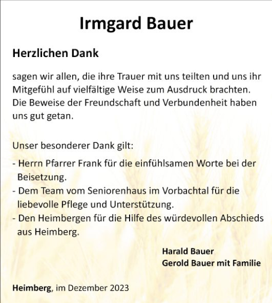 Traueranzeige von Irmgard Bauer von Fränkische Nachrichten